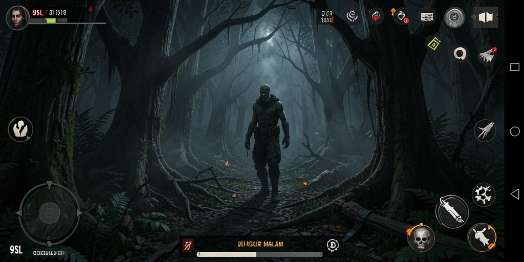 Screenshot 9SL menampilkan suasana mencekam dengan suasana hutan gelap.