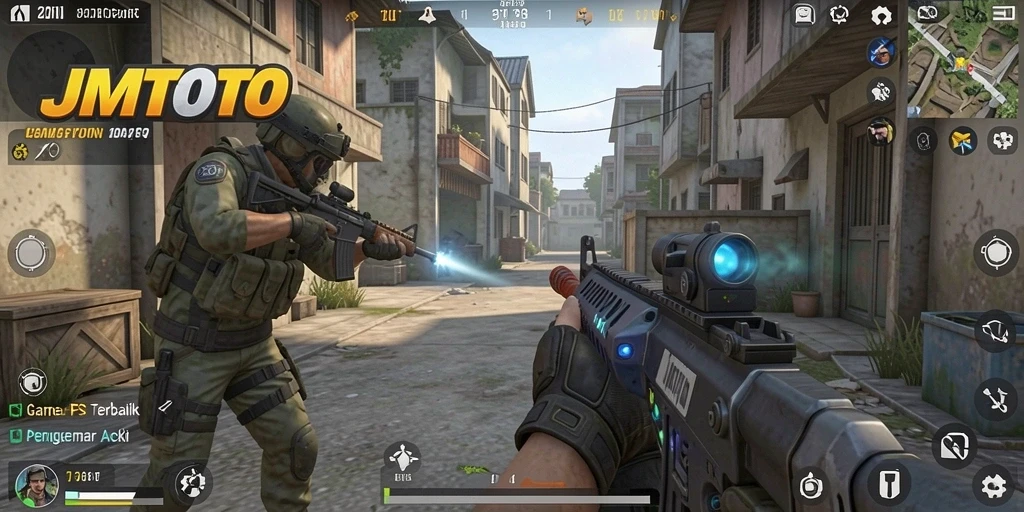 Screenshot JMTOTO menampilkan aksi tembak-menembak yang mendebarkan dalam permainan FPS.