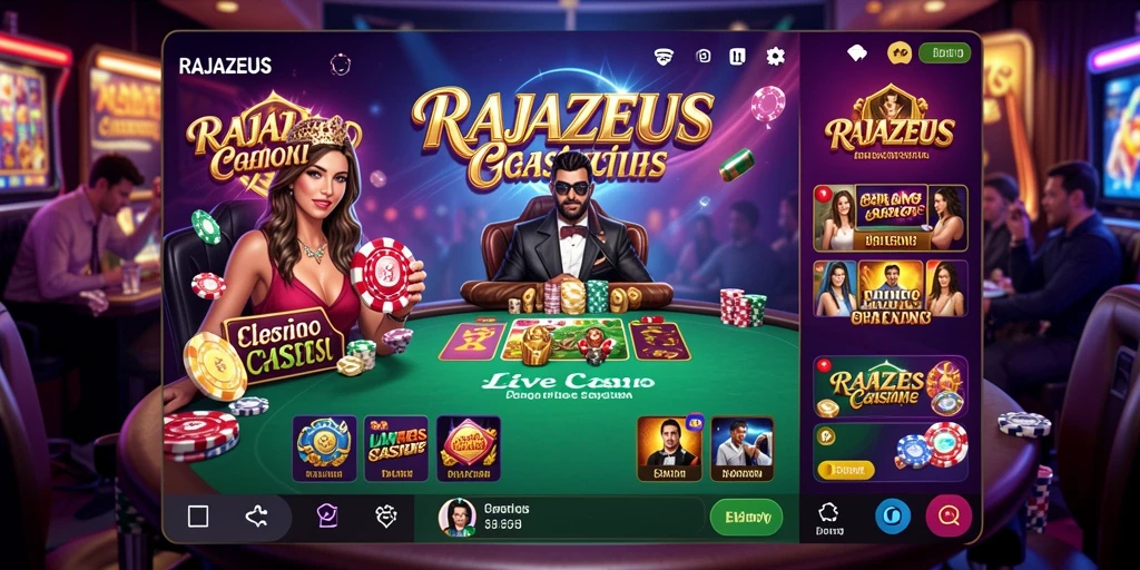 Screenshot utama RAJAZEUS menampilkan dealer dan pemain dalam permainan Live Casino.