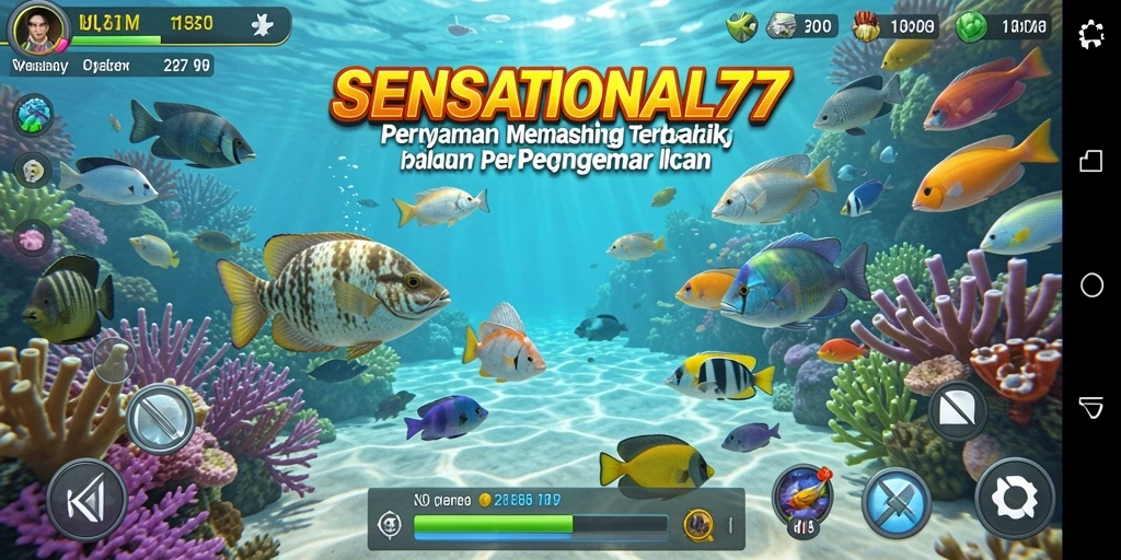 Tampilan gameplay SENSATIONAL77 dengan ikan-ikan berwarna-warni dan lokasi memancing yang indah.