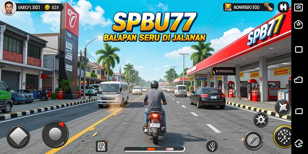 Tampilan gameplay SPBU77 dengan mobil balapan yang cepat.