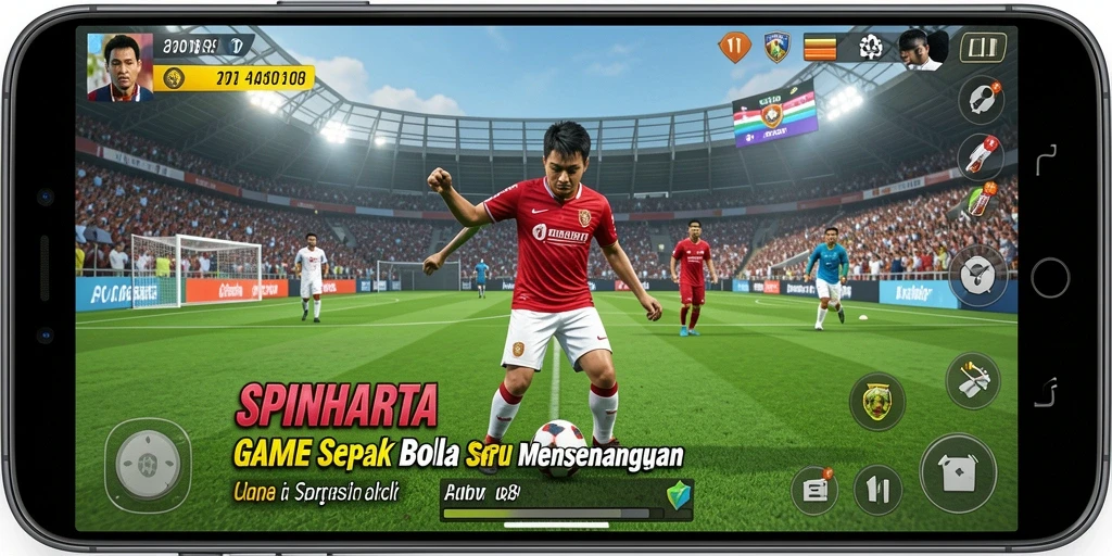 Tangkapan layar dari SPINHARTA menampilkan aksi dinamis dalam permainan sepak bola.