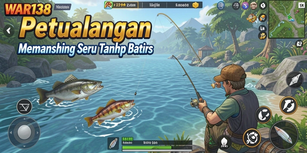 Screenshot utama WAR138 menunjukkan aksi seru saat memancing di danau.